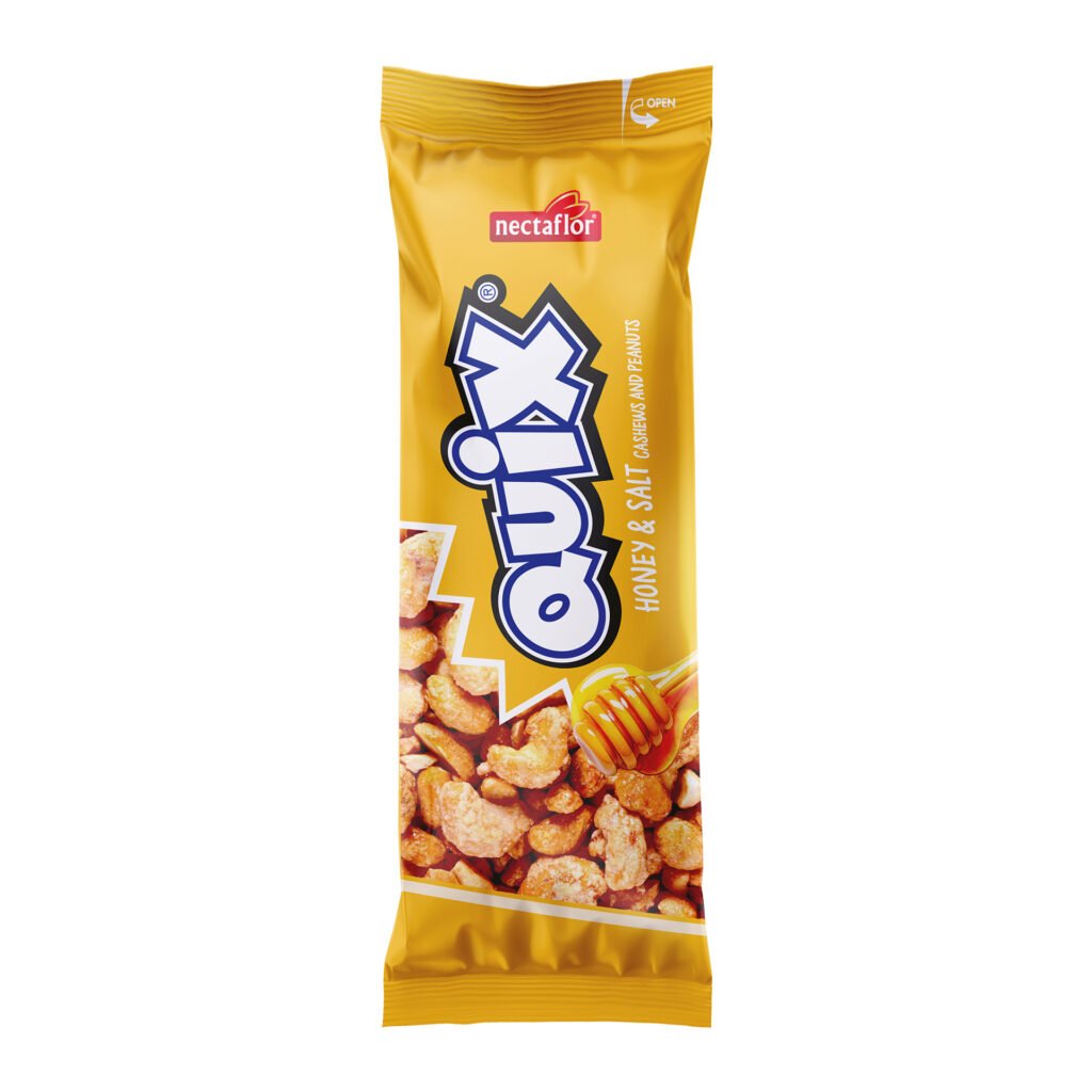 QUIX Honig Salz Cashews und Erdnüsse in einer Gelben Verpackung