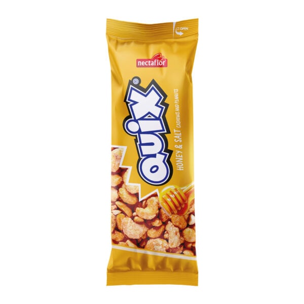 QUIX Honig Salz Cashews und Erdnüsse in einer Gelben Verpackung