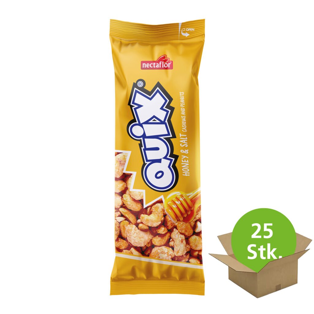 Honig Salz Cashews und Erdnüsse in Gelber QUIX Verpackung