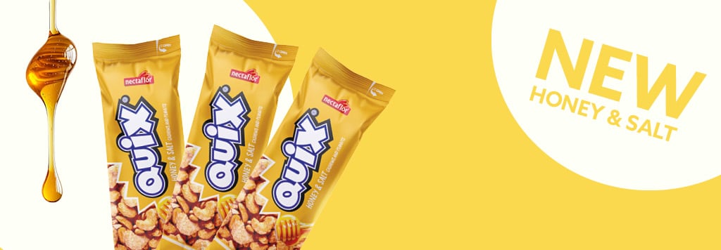 Gelbe Banner mit drei Quix Hoinignüssen